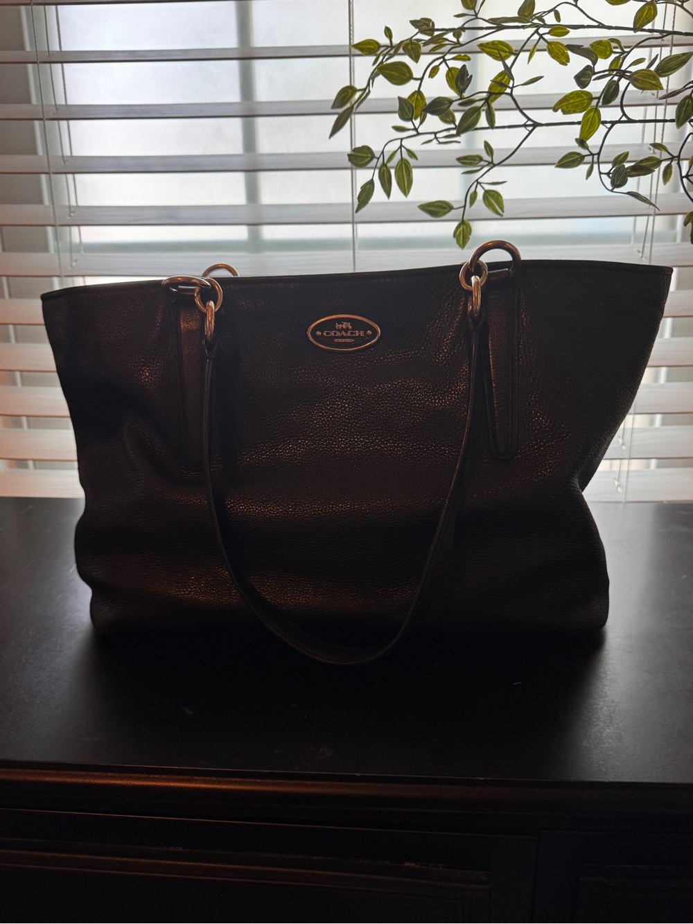Coach Black Pebbled Leather Tote with Gold Accents